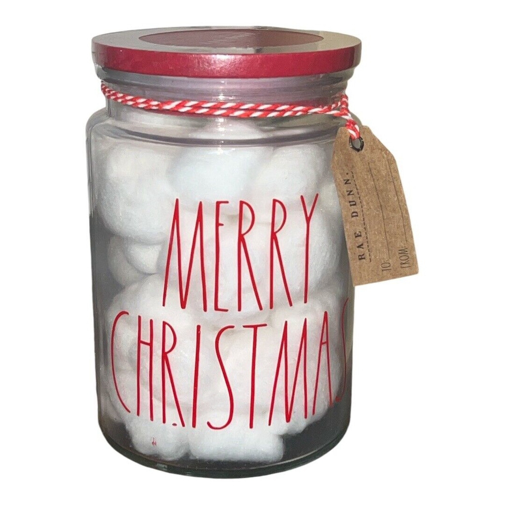 Rae Dunn Farmhouse Merry Christmas Jar with 60 Cotton Balls, Red Wooden Lid